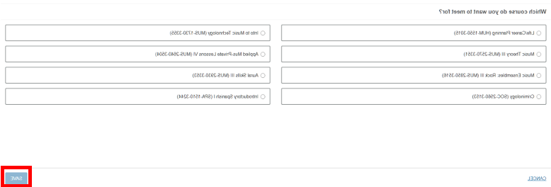 screenshot of Starfish Schedule Appointment sub-page with a list of courses available, and Save button circled in red